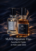 Two MEHFIL perfume bottles, Aurelia and Falak, on a dark textured background.