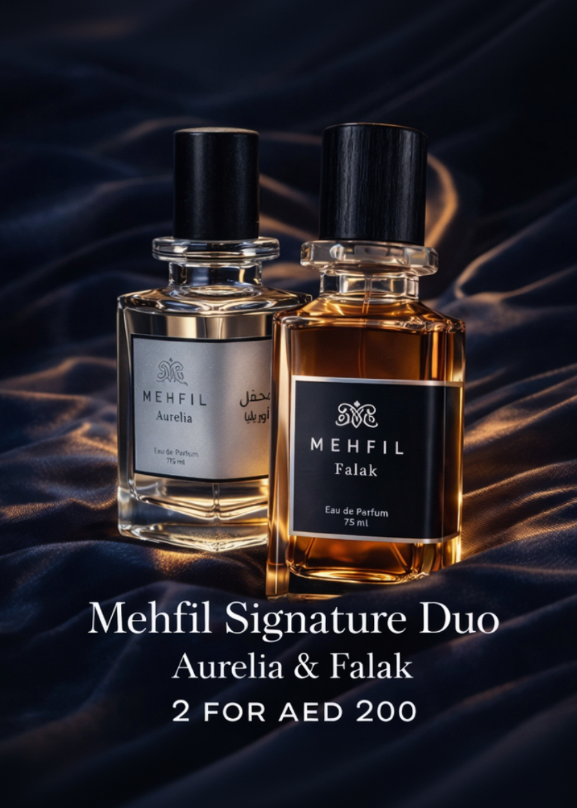 Two MEHFIL perfume bottles, Aurelia and Falak, on a dark textured background.