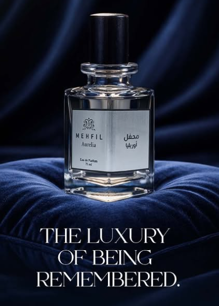 Perfume bottle with 'Mehfil' label on a dark blue background